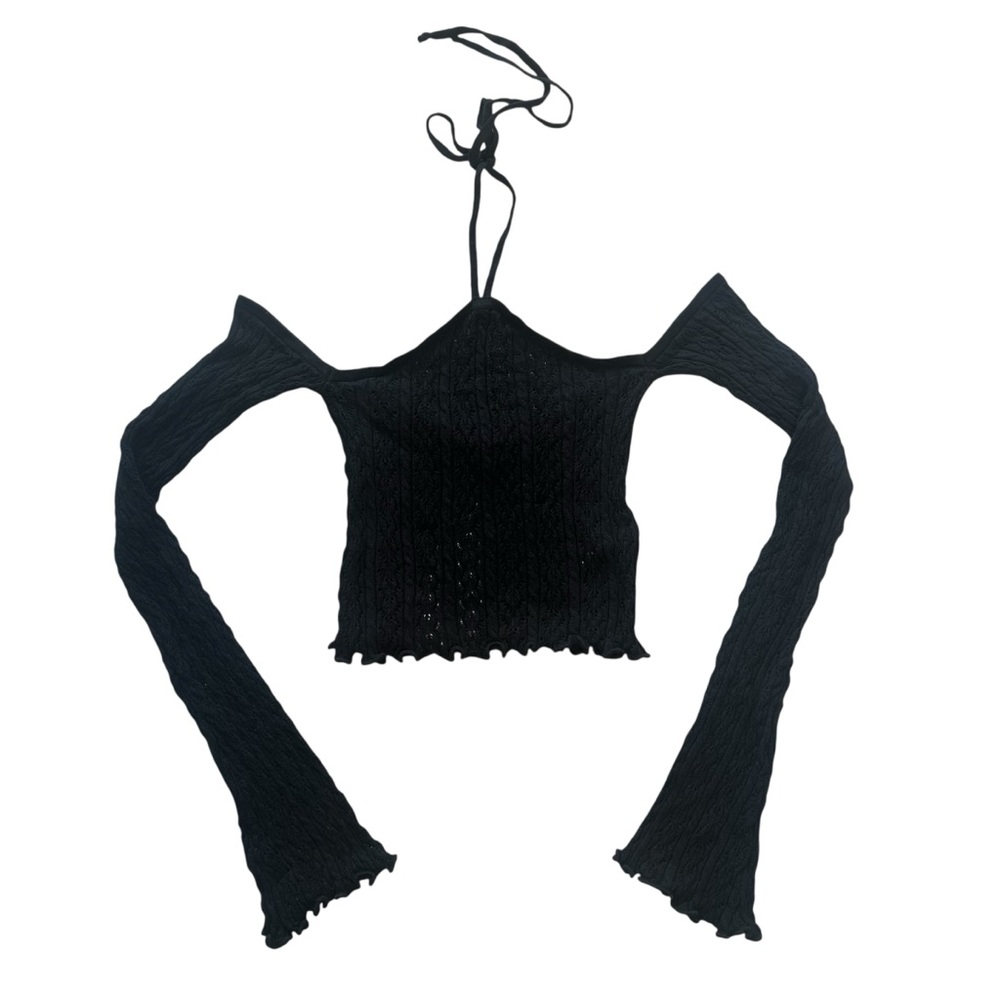 Stradivarius Black Ribbed Crop Top with Long Sleeves Size XS